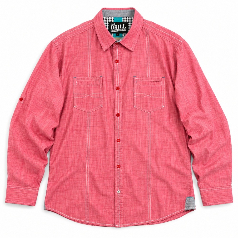 Drill Clothing Co Pink Textured Button Down Shirt Roll Tab Sleeve Peace Button L